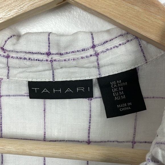 Tahari Linen cap sleeve pullover V neck window pane design tunic top Size Medium - Picture 8 of 8